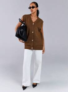 Athîral Women's Solid Color Front Button Sleeveless Casual Sweater Vest - Rust Brown - View 4