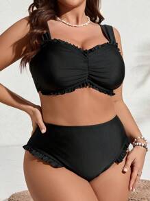 SHEIN Swim Curve Plus Size Cute Black Frill Trim Swimwear Set Summer - Black - View 4