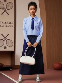 SHEIN Explorewe 2 件套学院风条纹衬衫，配有装饰领带和口袋刺绣，适合少女 - 淺藍色 - 查看 1