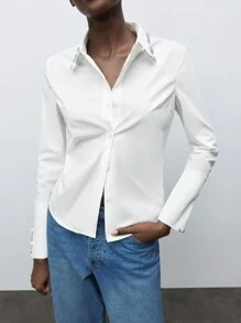 Maija Blusa elegante con aberturas en las mangas, cintura a la cintura, decoración de cristal, estilo urbano de campana, adecuada para uso casual, retro, de viaje, salidas, vacaciones, ceremonias, fiestas de Navidad y San Valentín. - Blanco - Ver 2