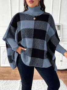 Celure Plus Size High Neck Long Sleeve Plaid Simple Casual Pullover Sweater