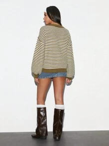 Flirla 1 pieza Suéter de cuello redondo de punto con textura y bloques de color casual y versátil de color caqui para mujer, otoño/invierno