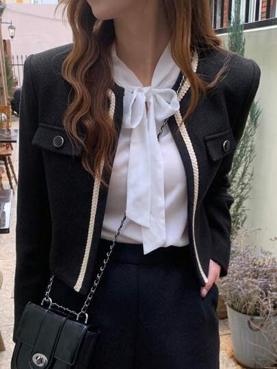 DAZY 女士拼色长袖口袋简约休闲夹克，日常穿着，秋季女装