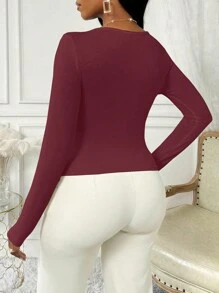 SHEIN Clasi Long Sleeve Asymmetric Neck Pleated Casual Solid Color T-Shirt, Spring & Autumn - Burgundy - View 2