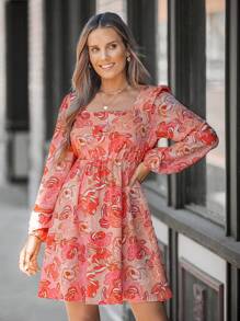 SHEIN LUNE Women Floral Print Square Neck Casual Short Dress,Vacation Dresses - Multicolor - View 5