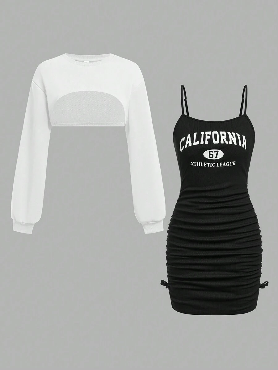 SHEIN Girlism Set de 2 piezas para adolescente: Sudadera corta de color liso y vestido camisola con plisado y estampado de letras