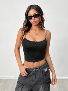 SHEIN PETITE 女式秋季 Y2K 街头休闲针织豹纹拼布弹力健身黑色修身短款背心 - 黑色 - 查看 6