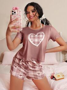 Women Dusty Pink Knitted Fabric Short Sleeve Pajama Set Casual Striped Geometric Heart Print Sleepwear - Dusty Pink - View 4