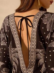 CAJUNI Women's Bohemian Tropical Floral, Coconut Tree, Toucan Print Deep V Neck Backless Loose Long Sleeve Bodysuit, Casual Vacation Summer Beach Bodysuit - Black and White - View 7