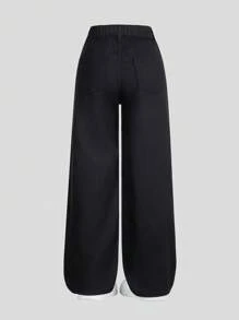 Tween Girls Y2K Style Black Jeans With Letter Graffiti Print, Fashionable Street Style Elements, Simple Black Washed Loose Straight Leg Denim Pants - Black - View 2