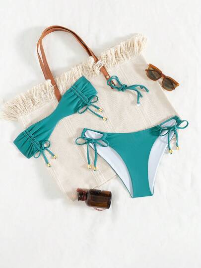 Swim Vcay Women Summer Beach Vacation Outfits Solid Color Sexy Strapless Detachable Strap Backless Bikini Set