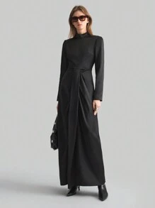 Ontre Women's Black New Year Spring Satin Solid Stand Collar Long Sleeve Pocket Casual Dress - Black - View 4