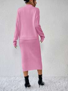 Chiquease 2pcs Set Minimalist Casual Drop Shoulder Knitted Sweater And Mini Skirt - Pink - View 2