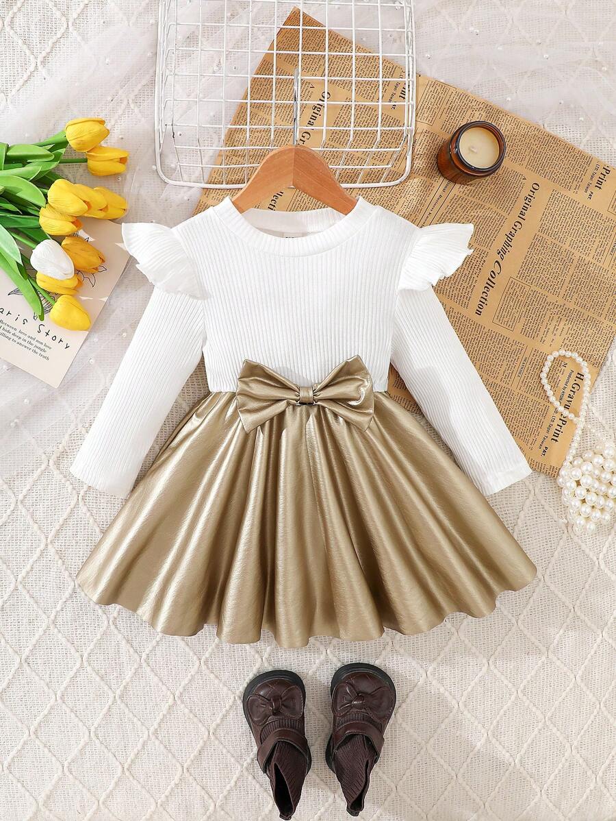 SHEIN Elladie kids Baby Girl Solid Color Patchwork Round Neck Long Sleeve Butterfly Decoration Dress