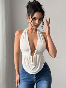 Firerie Parte superior sin mangas con cuello profundo drapeado, cuello recogido y decoración metálica, sexy y elegante