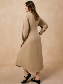 Poéselle 秋季卡其色女士休闲前腰可调节腰带纽扣长袖衬衫裙，超长衬衫裙，优雅外出装，春季服装，职业女性服装 - 卡其色 - 查看 6