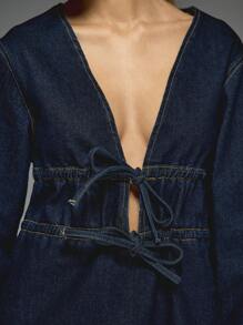 MISSGUIDED Bow Detail Plunge Neck Long Sleeve Denim Mini Dress