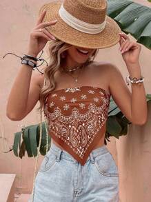 Breezaya Paisley Print Bandana Hem Tie Back Crop Tube Top - Coffee Brown - View 1
