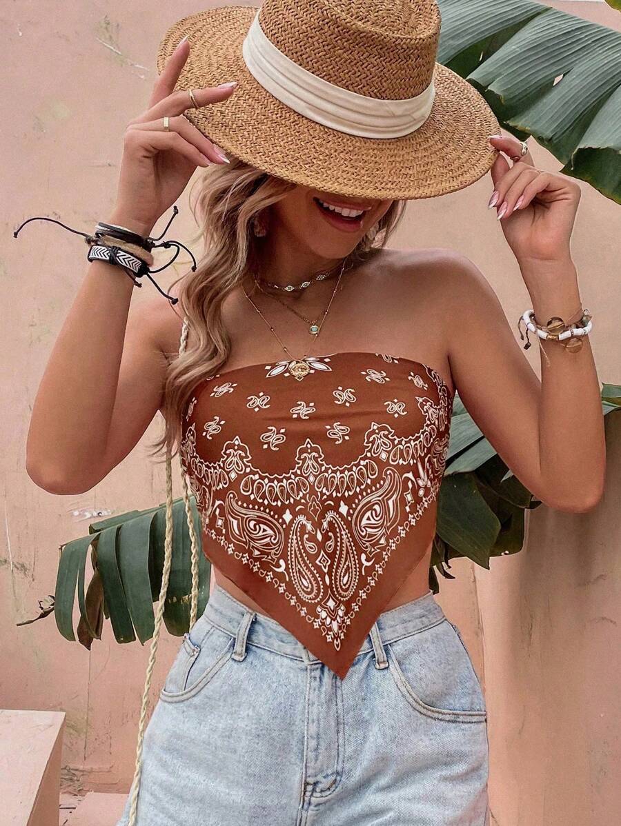 Breezaya Paisley Print Bandana Hem Tie Back Crop Tube Top - Coffee Brown - View 1