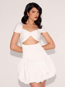 MUSERA 镂空泡泡袖连衣裙，适合派对、春季、性感、可爱、夏季穿着 - 白色 - 查看 1