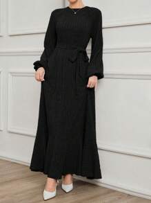 Mulvari Women Modest Long Knitted Sweater Dress, Round Neck Pullover For Everyday Wear, Autumn/Winter - Black - View 5