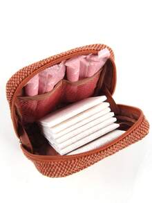 Skewed Studio Artist Best Selling Autumn/Winter Minimalist Red-Brown Plush Small Bear Logo Leather Tag Cosmetics Storage Bag, Sanitary Pad Holder