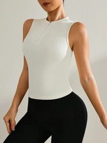 Easithlete Casual Solid Color Seamless Racerback Tank Top - Beige - View 6