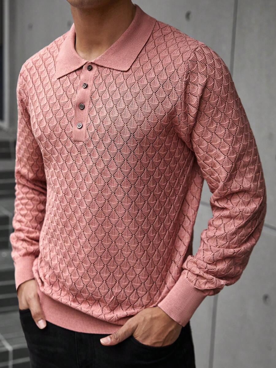 Manfinity Homme Men's Plain Front Button Long Sleeve Casual Knitted Sweater - Red - View 1