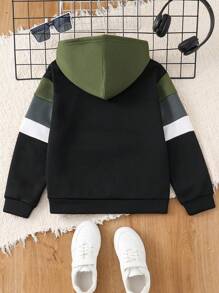 SHEIN 男童休闲撞色拼接连帽套头衫，半拉链长袖针织卫衣，黑白配色，适合上学、花园、海滩、生日、冬季穿着，可作连帽衫或秋季上衣。 - 軍綠色 - 查看 2