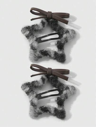 Kawaii قطعتان مشبك شعر من الجلد مزين بطبعة نمر والنجوم والفيونكة، مرن وأنيق، هدية للنساء