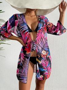 Swim Lushoire Women's Vacation Tropical Print Beach Kimono Cover Up Summer - Multicolor - View 4