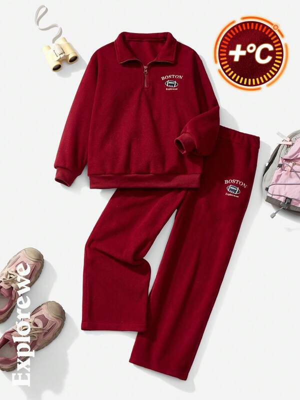 SHEIN 2pcs/Set Girls City Casual Style Top & Pants Set, Comfortable Warm Collar Long Sleeve Sweatshirt & Fleece Pants, Football Embroidered Design, Suitable For Outdoor, City Sports, Hangout, Autumn/Winter