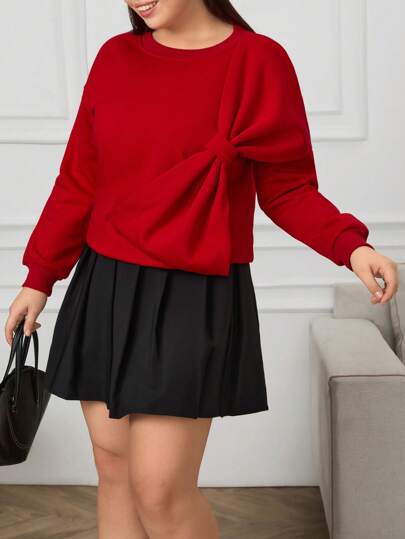 SHEIN Cottnline Frenchy Women's Solid Color Simple Daily Wear Long Sleeve Sweatshirt With Bow Decoration