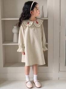 DAZY Young Girl Doll Face Animal Embroidery Striped Long Sleeve Woven Dress, Spring/Summer - Beige - View 2