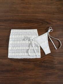 2 件套女士沙滩装，镂空蕾丝裙和纯色泳裤，蕾丝腰带随机分布，性感时尚，适合春夏度假 - 白色 - 查看 2