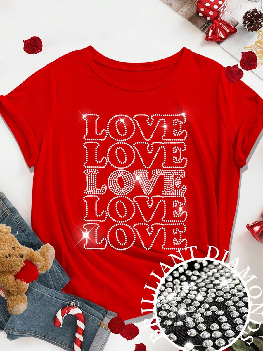 Flirla Plus Size Valentine's Day Shiny Diamante LOVE Design Red T-Shirt For Summer - Red - View 1