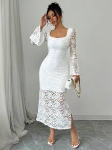 Rafferiza Women Long Lace Bell Sleeve Dress Fall Cloth For Women - White - View 6