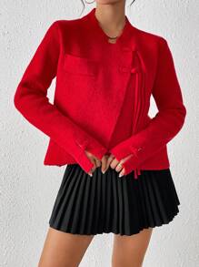 Chiquease Women's Solid Color Front Button Long Sleeve Casual Red Cardigan For New Year Fall Cloth For Women - Red - View 6