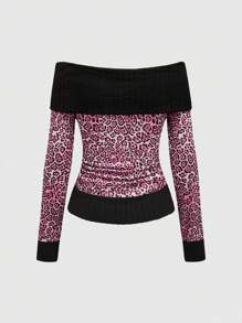 ROMWE Kawaii Gyaru 性感情人节豹纹露肩针织拼布豹纹可爱纽扣黑色和粉色长袖女式衬衫