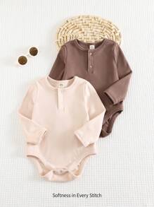 Cozy Pixies 2 件套婴儿纯色针织柔软圆领长袖半开襟连体衣 - 男女通用婴儿服装