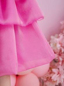Glamorique Kids Valentine's Day Fashion Young Girls Organza Reflective Material Ruffle Collar Short Sleeve Dress, Suitable For Daily Or Special Occasions