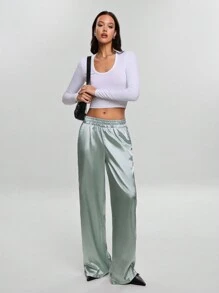 SHEIN Cottnline بنطلون نسائي فضفاض بخصر مطاطي وساق مستقيمة، باللون الأحادي لاستخدام كاجوال - أخضر نعناع - مشاهدة 5