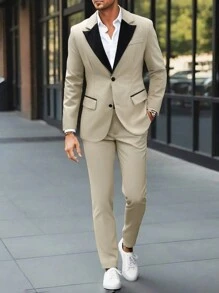 Manfinity Mode Conjunto de chaqueta de traje de manga larga con botones delanteros de dos tonos y pantalones de bolsillo de traje Manfinity Mode, traje de hombre color albaricoque claro, regalo para el novio