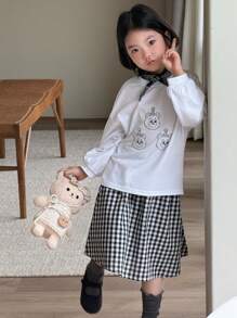 DAZY 2 件装年轻女孩卡通印花圆领长袖 T 恤和格子迷你裙休闲套装秋季 - 白色 - 查看 7