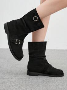CUCCOO BIZCHIC Botas negro de media pantorrilla con detalles de botones rizado, botas de mujer estilo caballero, plataforma de tacón plano de tacón grueso, botas de motociclista