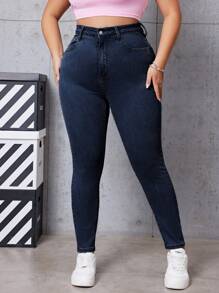 SHEIN EZwear Plus Size Casual High Waist Slim Fit Jeans - Dark Wash - View 5
