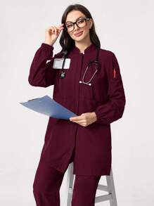 TaskEZ Women's Solid Color Long Sleeve Single Breasted Pocket Casual Scrub Uniform Jacket - Burgundy - View 3