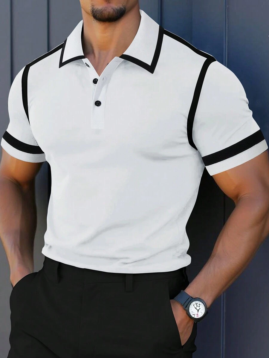 Manfinity Mode Men's Color Block Front Button Casual Short Sleeve Polo Formal Shirt, Ceremony - White - View 1