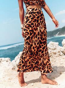 Opulessa Women's Woven Leopard Print Minimalist A-Line Skirt, Casual Holiday - Brown - View 3