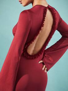 Hauture Women's Elegant Burgundy Red Autumn Long Sleeve Dress,Front Keyhole Ruffle Edges Backless Evening Gown,Party Prom Wedding Formal Christmas Dress - Red - View 3